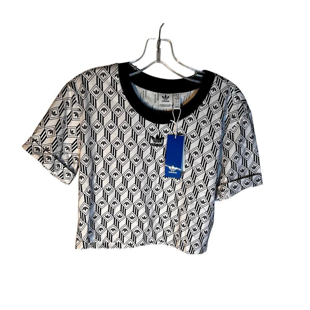 Adidas Womens Originals Monogram Short Sleeve Crop T-Shirt Black/White Size Med